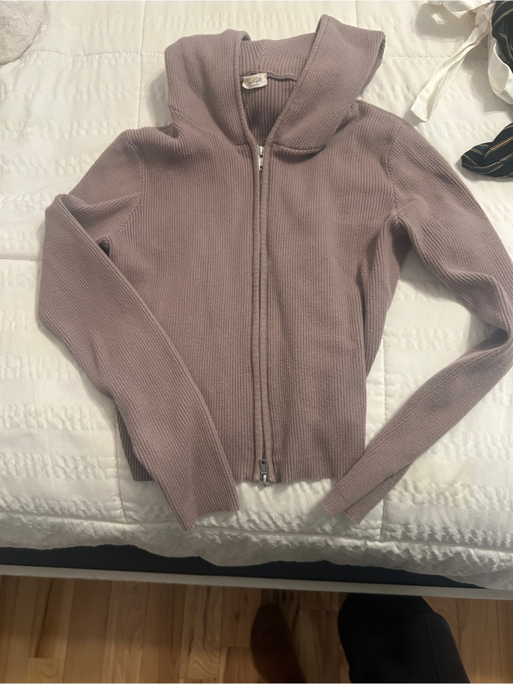 Brandy Melville John Galt Zip-Front Hooded Ribbed Sweater in Mauve